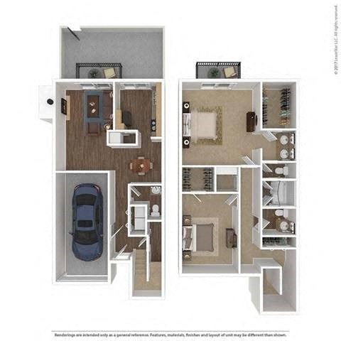 Floor plan for 2 beds, 2.5 baths, 1365 sqft