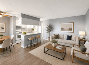 Englewood apartment for rent - A modern living room with a kitchen in the background.