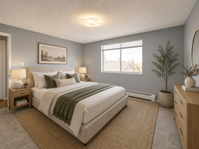 Englewood apartment for rent - A bedroom with a large bed, a nightstand, and a window.