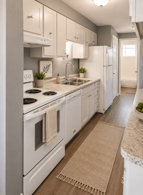 Englewood apartment for rent - A kitchen with white appliances and cabinets.