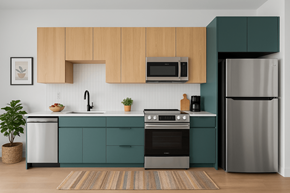 Denver apartment for rent - A modern kitchen with a stainless steel refrigerator, a microwave above the stove, and a sink with a faucet.