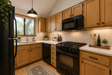 Boulder townhouse for rent - A kitchen with wooden cabinets and black appliances.