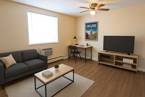 Denver apartment for rent - A living room with a grey couch, a coffee table, a television, and a desk with a chair.