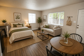 Denver apartment for rent - A bedroom with a bed, a couch, a chair, and a table with a vase on it.