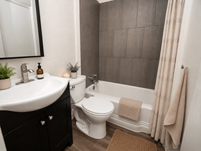 Denver apartment for rent - A bathroom with a white toilet and a white sink.