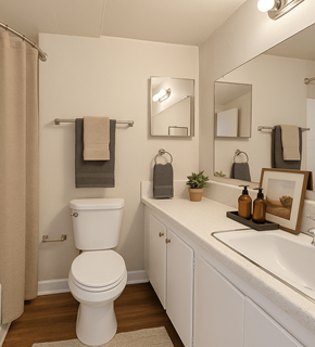 Denver apartment for rent - A white toilet sits in a bathroom next to a sink.
