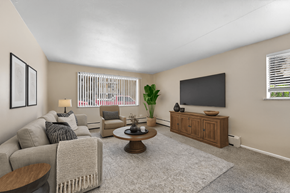 Denver apartment for rent - A living room with a grey sofa, a wooden coffee table, a flat screen TV, and a potted plant.