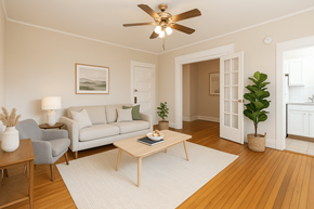 Denver apartment for rent - A living room with a white rug, a grey couch, a wooden coffee table, a ceiling fan, and a potted plant.