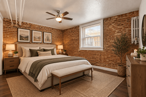 Denver apartment for rent - A bedroom with a brick wall and a bed with a white comforter.