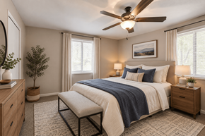 Denver apartment for rent - A bedroom with a bed, a bench, a ceiling fan, and a potted plant.