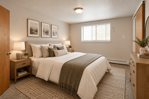 Denver apartment for rent - A bedroom with a bed, nightstand, and a window with blinds.