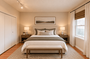 Denver apartment for rent - A bedroom with a large bed, a bench, and two lamps.