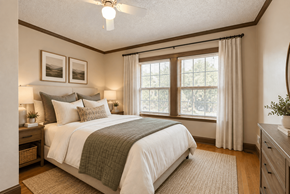 Denver apartment for rent - A bedroom with a large bed and a window with curtains.
