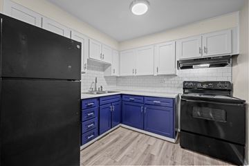 Denver apartment for rent - A black refrigerator is on the left in a kitchen with blue cabinets.