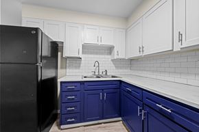 Denver apartment for rent - A kitchen with a black refrigerator and blue cabinets.