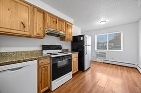 Longmont apartment for rent - A kitchen with wooden cabinets and a black fridge.