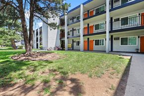 Fort Collins apartment for rent - A tree is in front of a white and orange building.