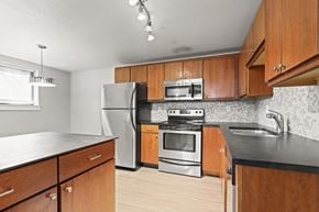 Denver apartment for rent - an empty kitchen with wooden cabinets and stainless steel appliances