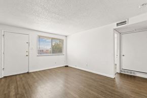 Denver apartment for rent - a bedroom with hardwood floors and white walls