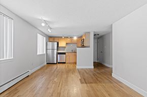 Denver apartment for rent - an empty living room and kitchen with wood flooring and white walls