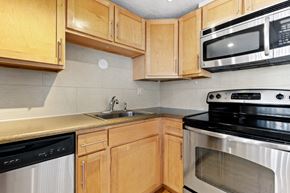 Denver apartment for rent - a kitchen with wooden cabinets and appliances and a sink