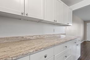 Denver apartment for rent - A kitchen with white cabinets and a marble countertop.