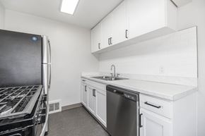 Edgewater apartment for rent - A modern kitchen with white cabinets and a stainless steel dishwasher.