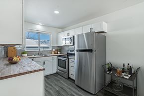 Wheat Ridge apartment for rent - A modern kitchen with stainless steel appliances and a wooden countertop.