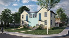Boulder triplex for rent - a rendering of a two story house with blue and white siding on a street