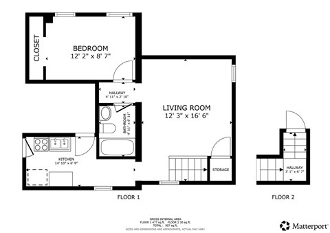 Floor plan for 1 bed, 1 bath, 646 sqft
