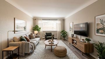 Denver apartment for rent - A living room with a grey carpet and a wooden floor.