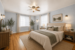 Denver apartment for rent - A bedroom with a large bed and a ceiling fan.