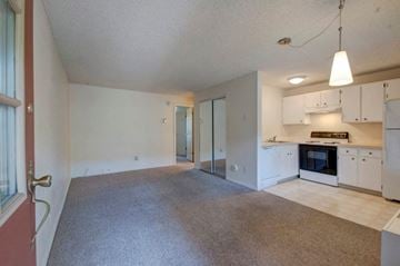 Boulder condo for rent - A spacious living room with a grey carpet and a kitchen area with white cabinets and appliances.