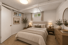 Denver townhouse for rent - A bedroom with a large bed and a wooden dresser.