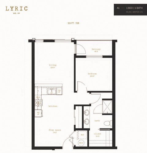 Floor plan for 1 bed, 1 bath, 728 sqft