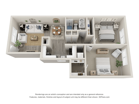 Floor plan for 2 beds, 1 bath, 880 sqft