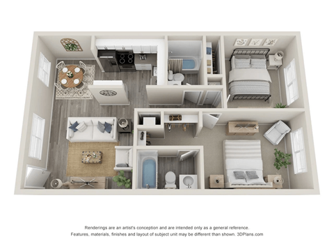 Floor plan for 2 beds, 2 baths, 880 sqft