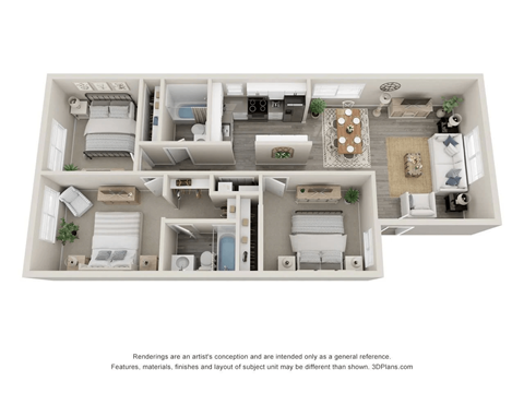 Floor plan for 3 beds, 2 baths, 1080 sqft