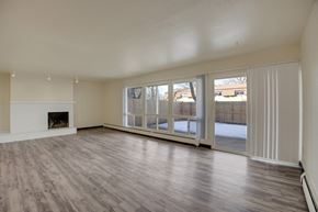 Littleton apartment for rent - A spacious living room with a fireplace and sliding glass doors.
