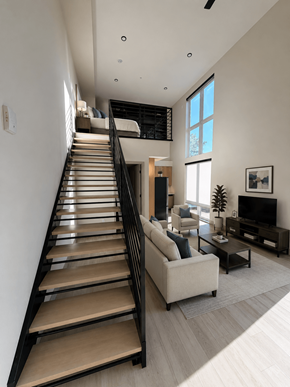 Denver apartment for rent - A living room with a staircase leading to the upper floor.