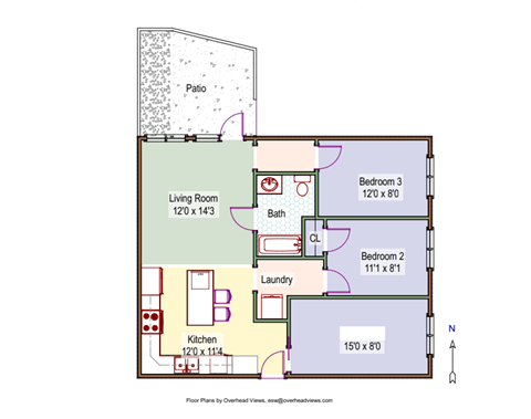 Floor plan for 2 beds, 1 bath, 800 sqft