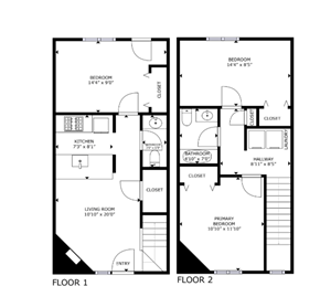 Boulder apartment for rent - A black and white image of a floor plan for a two-story home.