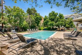 Boulder apartment for rent - A pool surrounded by lounge chairs and trees.