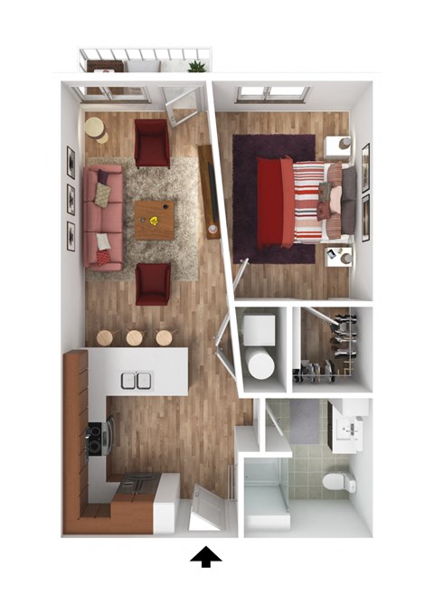 Floor plan for 1 bed, 1 bath, 630 sqft