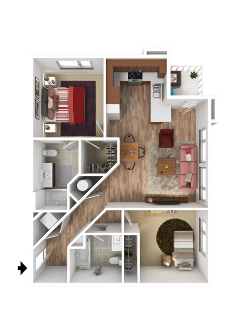 Floor plan for 2 beds, 2 baths, 950 sqft