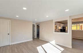 Denver apartment for rent - A spacious room with a white rug on the floor and a television in the corner.