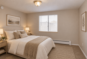 Denver apartment for rent - A bedroom with a large bed and a window with blinds.