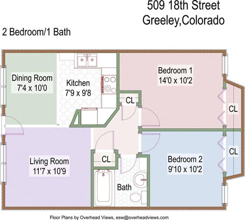 Floor plan for 2 beds, 1 bath, 750 sqft