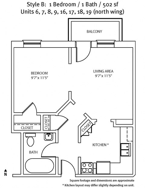 Floor plan for 1 bed, 1 bath, 509 sqft