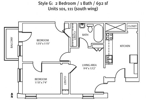 Floor plan for 2 beds, 1 bath, 612 sqft